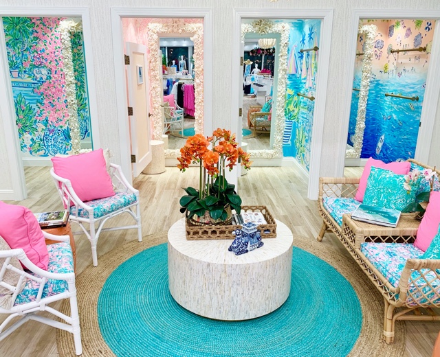 seating by the dressing rooms in one of our Lilly Pulitzer Retail Stores